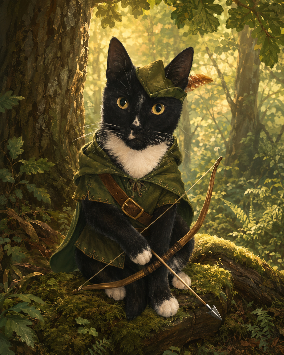The tuxedo cat transformed into a finished Robin Hood fantasy portrait